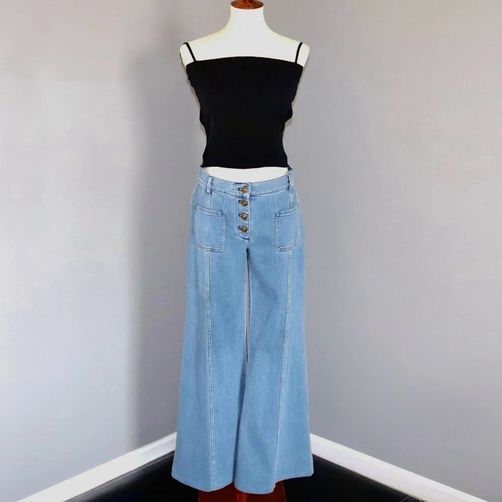 Chloe 6 / F 38 Denim Wide Flare Jeans Bell Bottom Button Fly Patch Pocket - Picture 6 of 15